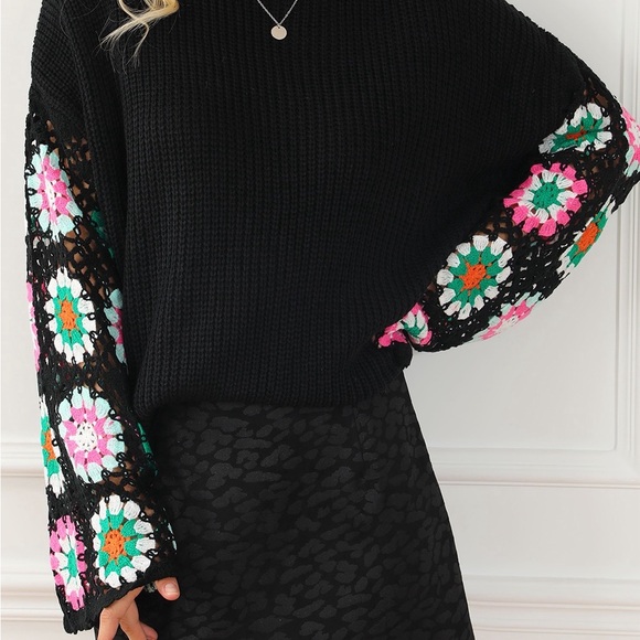 Black Floral Crochet Bell Sleeve Loose sweater Bohemian Blouse - Picture 3 of 16